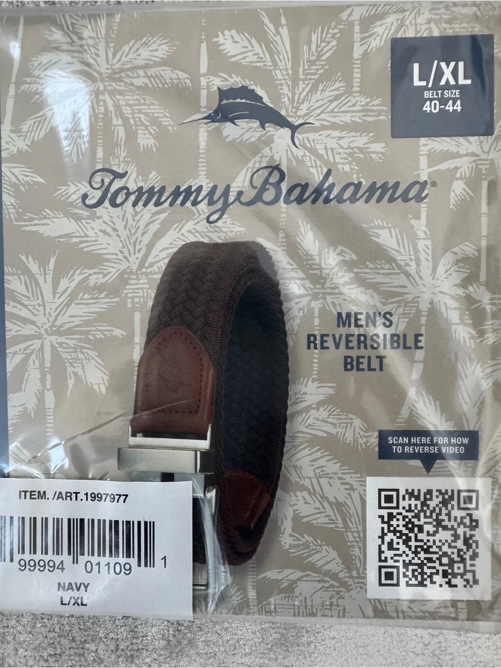 Tommy Bahama Men's Stretch Braided Reversible Belt, Navy/Brown, Large/XL, NWT